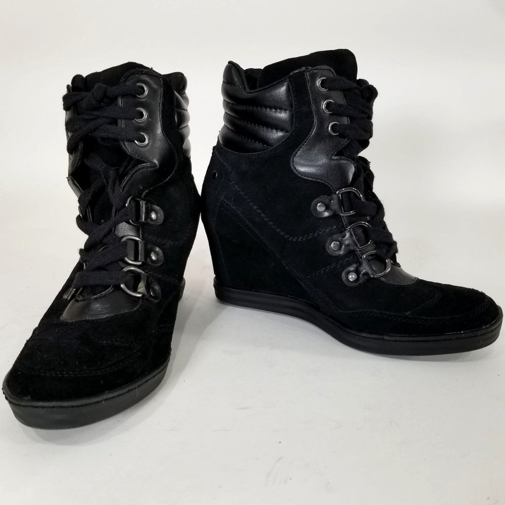 Guess Ankle Hidden Wedge Boots 9.5M Black Suede Shoes Lace Up GWMARILU2 Gothic